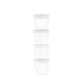 Zestaw czterech pojemników Canpol babies 12/204 o pojemności 180 ml każdy, ułożonych w pionie, przeznaczonych do przechowywania pokarmu w lodówce lub zamrażarce.