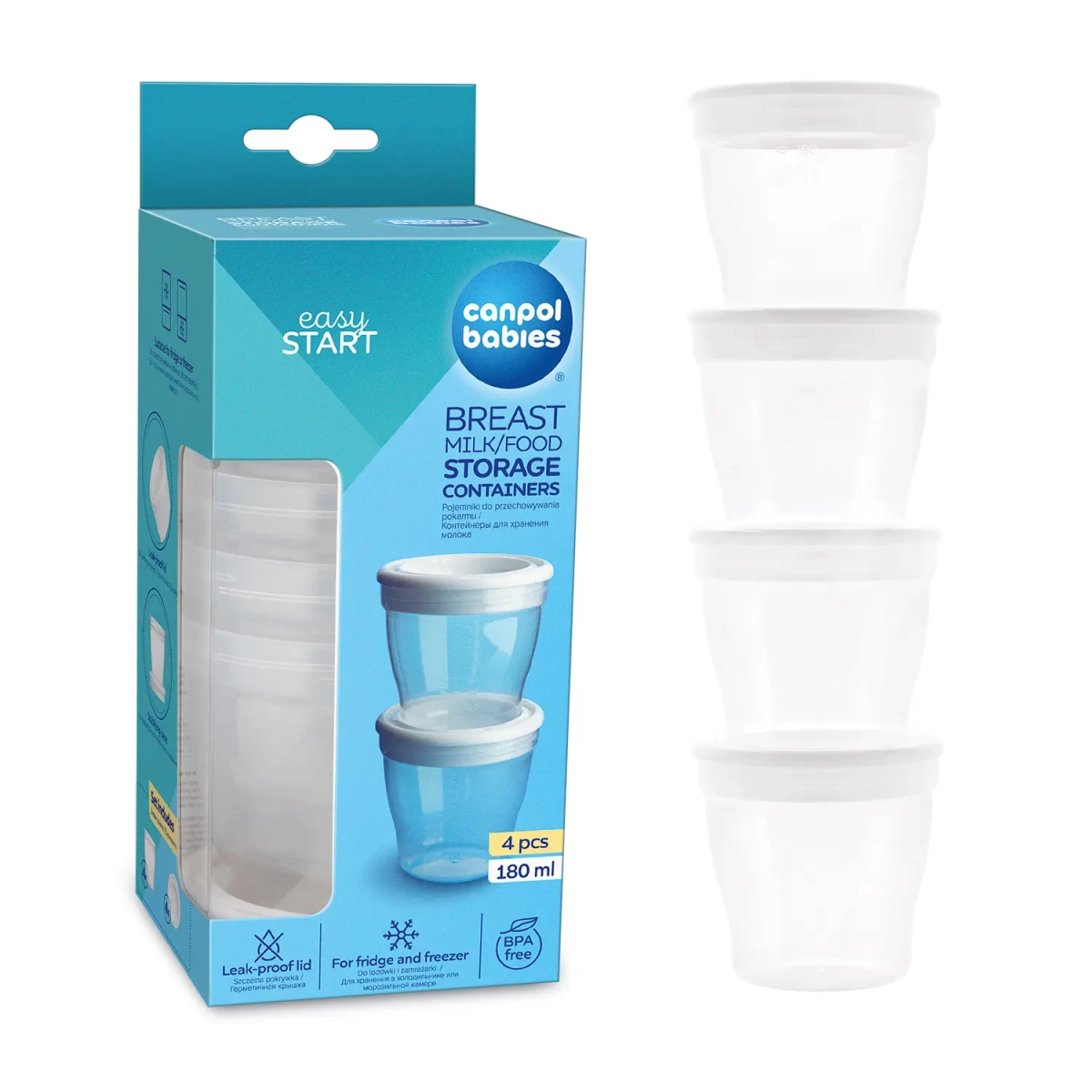Opakowanie zestawu Canpol babies 12/204 – cztery pojemniki do przechowywania mleka matki i jedzenia dla niemowląt, 180 ml, szczelne, BPA free.