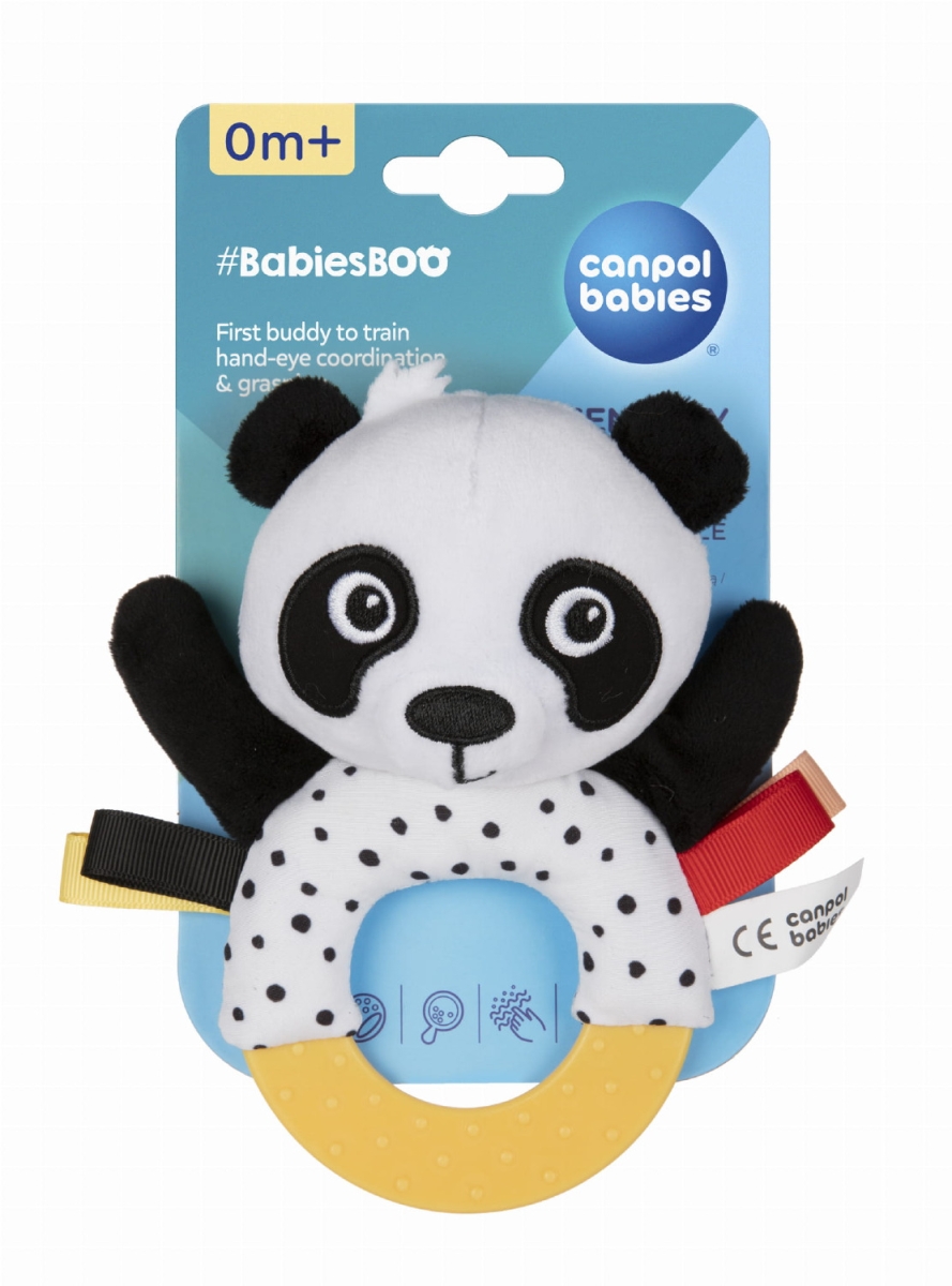 Canpol babies BabiesBoo Panda w opakowaniu – sensoryczna zabawka z gryzakiem i grzechotką, idealna jako prezent dla niemowlęcia od 0 miesięcy.