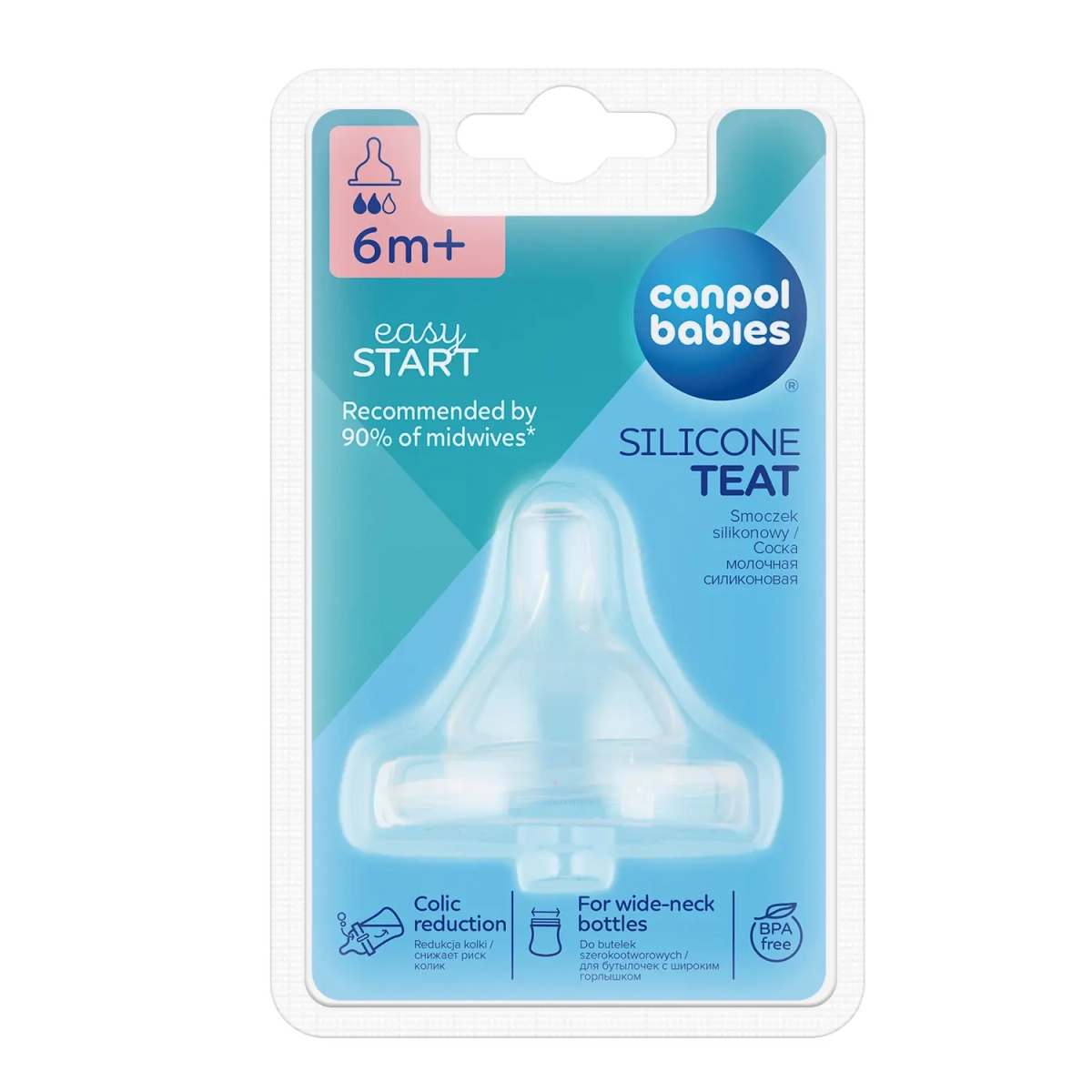 Opakowanie produktu Canpol babies EasyStart Silicone Teat 6m+, smoczek silikonowy antykolkowy do butelek szerokootworowych.