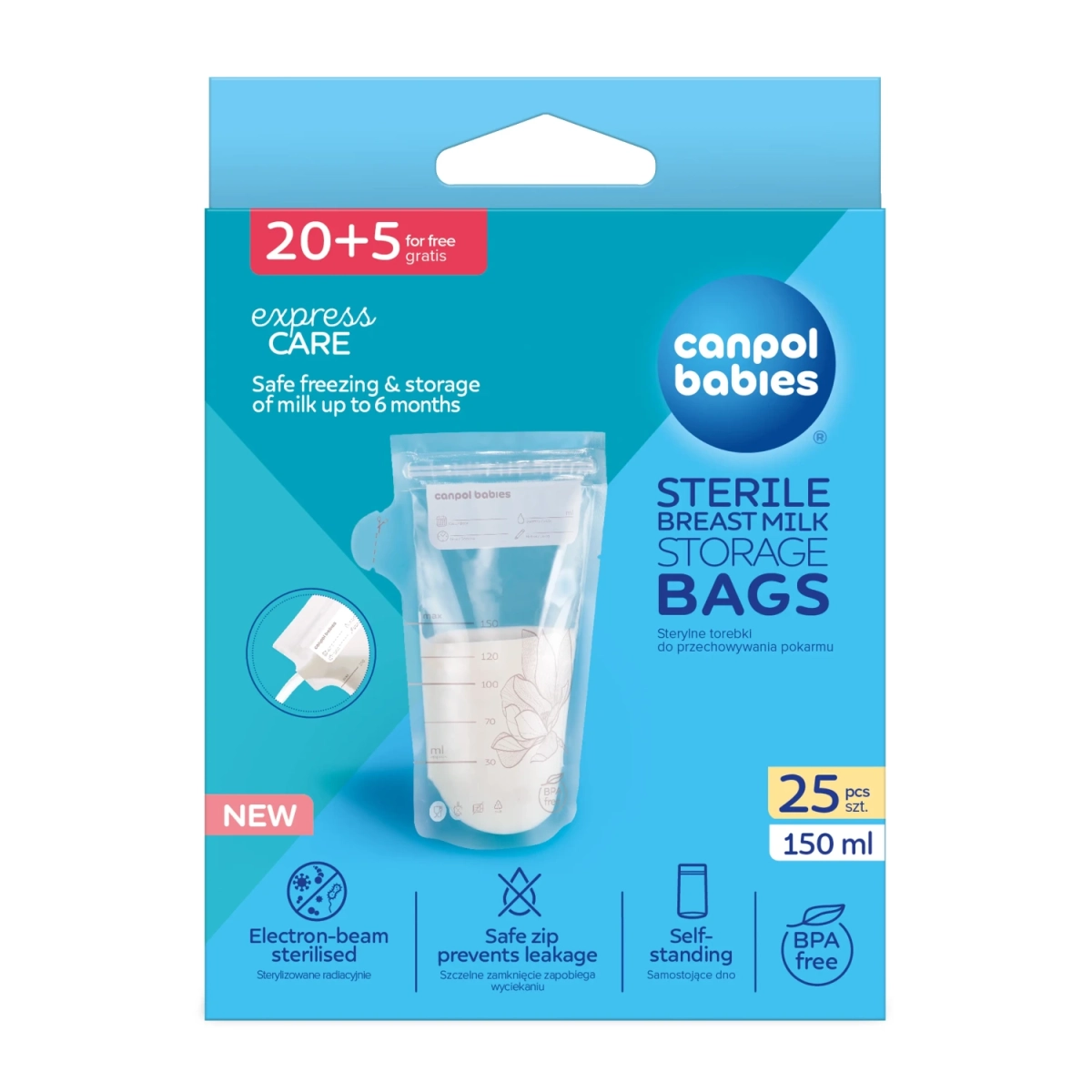 Canpol babies torebki do przechowywania mleka matki 25 szt. (150 ml) – sterylne, szczelne i samostojące woreczki BPA free, bezpieczne do mrożenia pokarmu do 6 miesięcy.