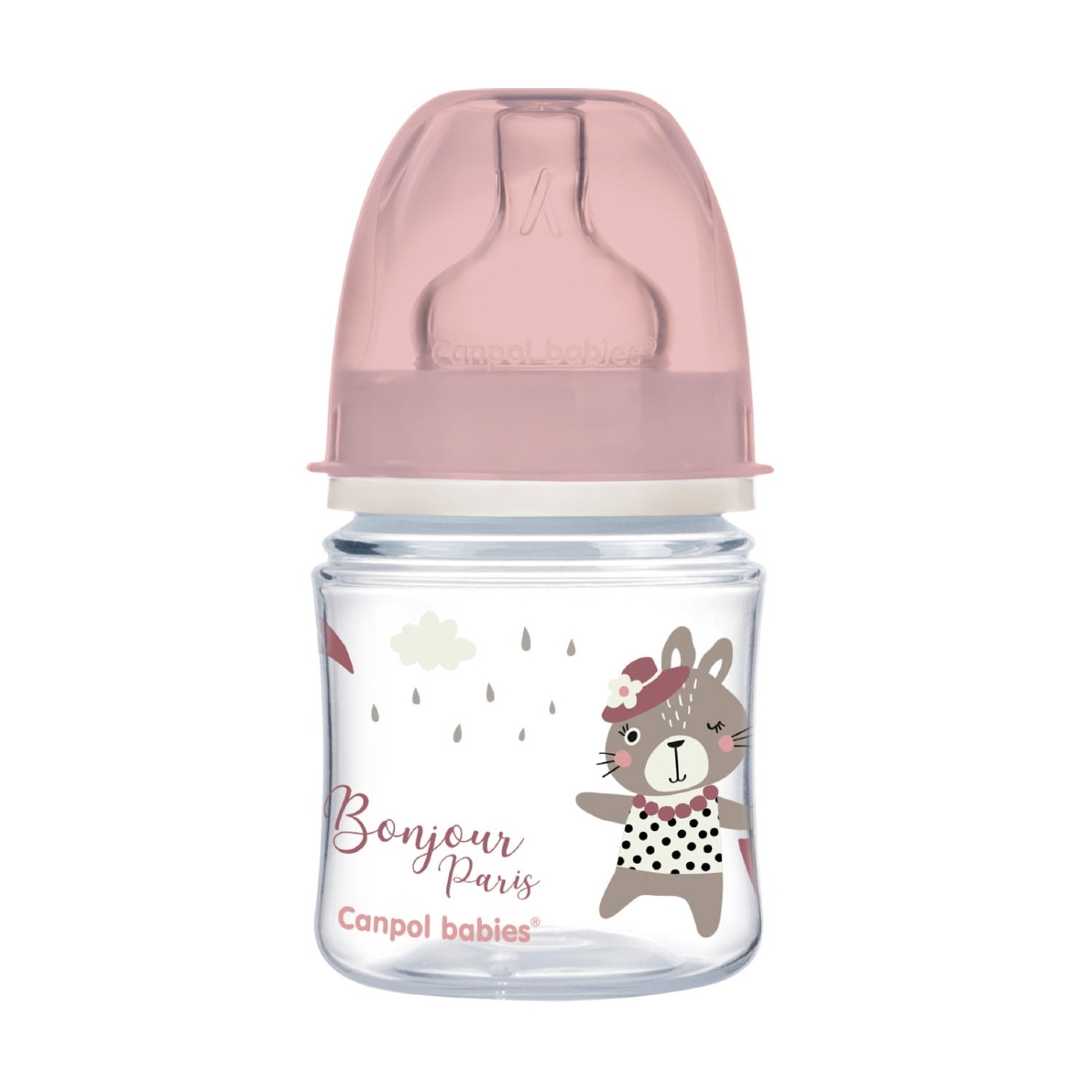 Różowa butelka Canpol babies EasyStart Bonjour Paris 120 ml z nadrukiem króliczka w beretce i sukience w kropki – delikatny design dla dziewczynki.