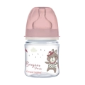 Różowa butelka Canpol babies EasyStart Bonjour Paris 120 ml z nadrukiem króliczka w beretce i sukience w kropki – delikatny design dla dziewczynki.