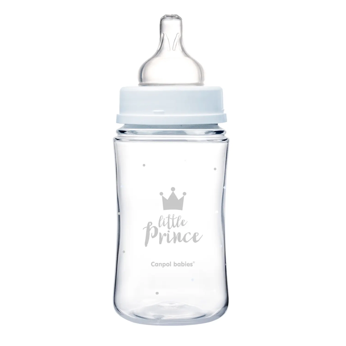 Butelka antykolkowa Canpol babies EasyStart Little Prince 240 ml z niebieskim pierścieniem i smoczkiem przypominającym pierś mamy. Transparentne ścianki z nadrukiem korony i napisem „little Prince”.