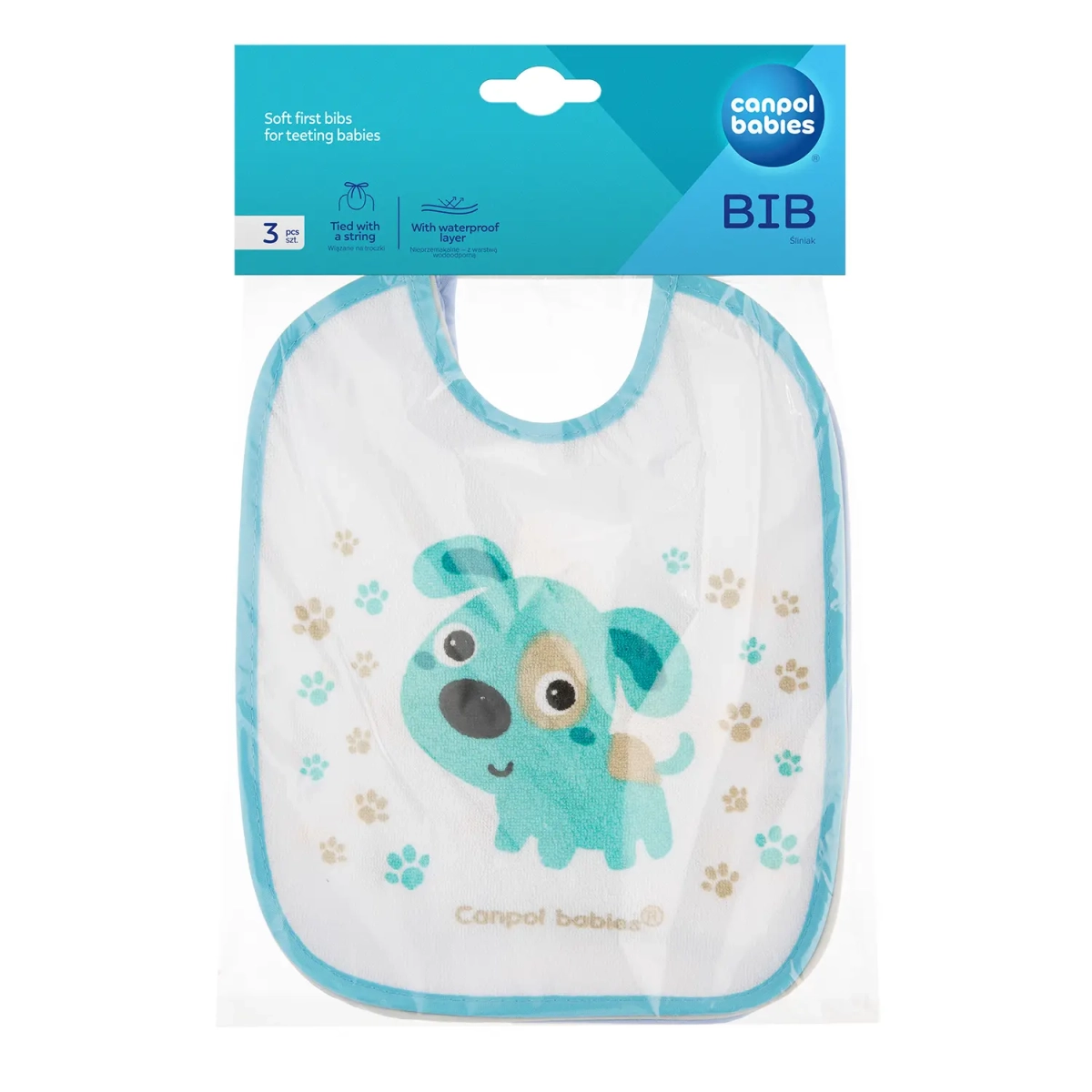 Opakowanie śliniaków Canpol babies Bunny & Company, 3 szt., widoczny śliniak z pieskiem, informacja o warstwie wodoodpornej.