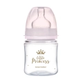 Canpol babies Little Princess 120 ml z różową nakrętką i przezroczystą osłonką smoczka, dekorowana motywem korony dla dziewczynki.