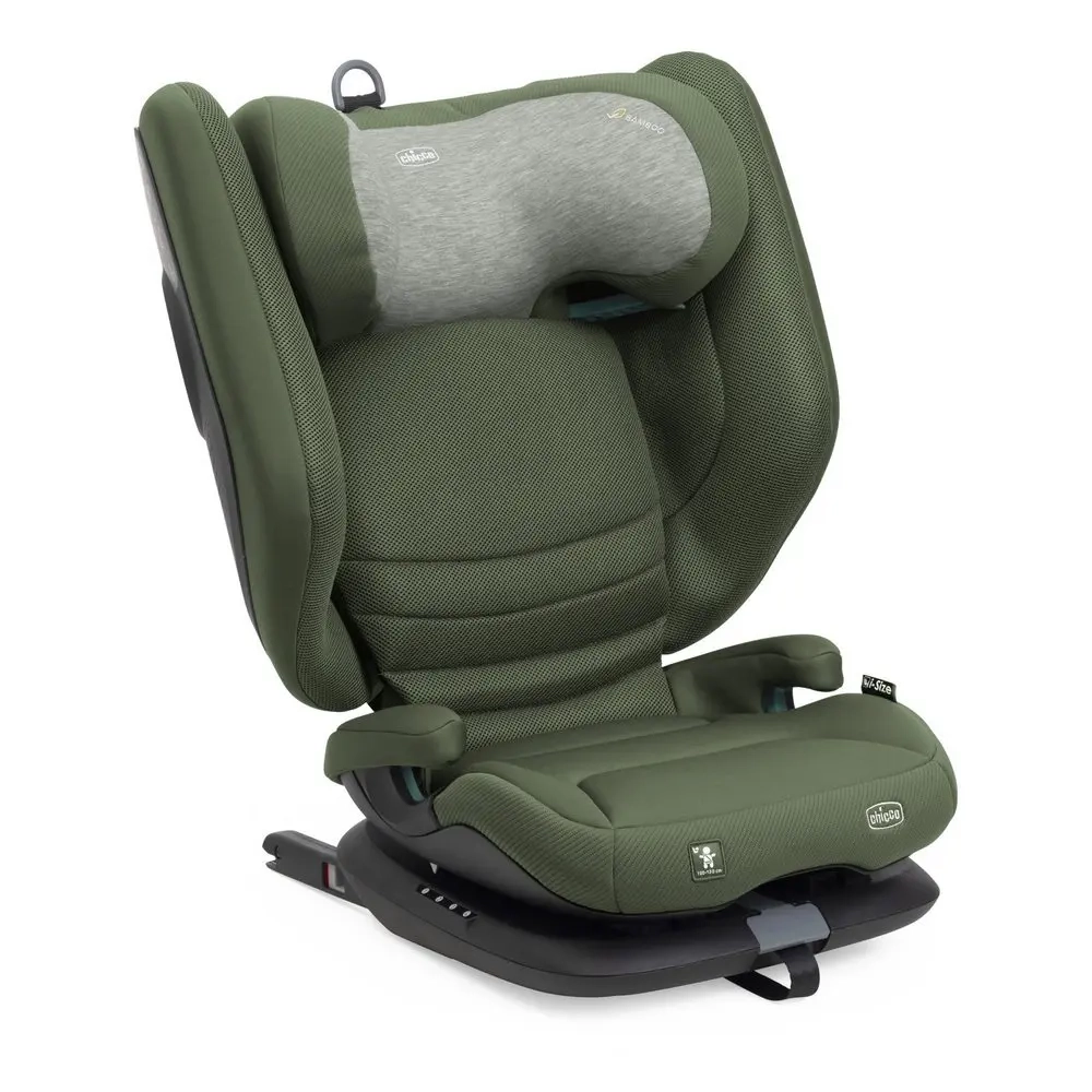 Chicco Fold&Go S i-Size ever green zielony – regulowany fotelik samochodowy dla dzieci 100–150 cm, z systemem Isofix i wentylowaną, wygodną tapicerką.