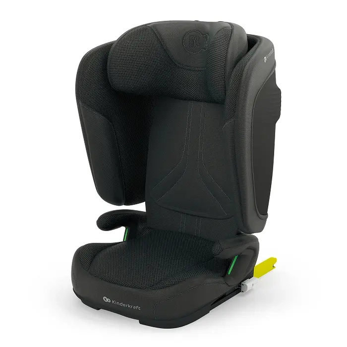 Czarny fotelik samochodowy Kinderkraft UNITY 2 i-Size z systemem ISOFIX, ochroną SPS+ i regulowanym zagłówkiem dla dzieci 100–150 cm.