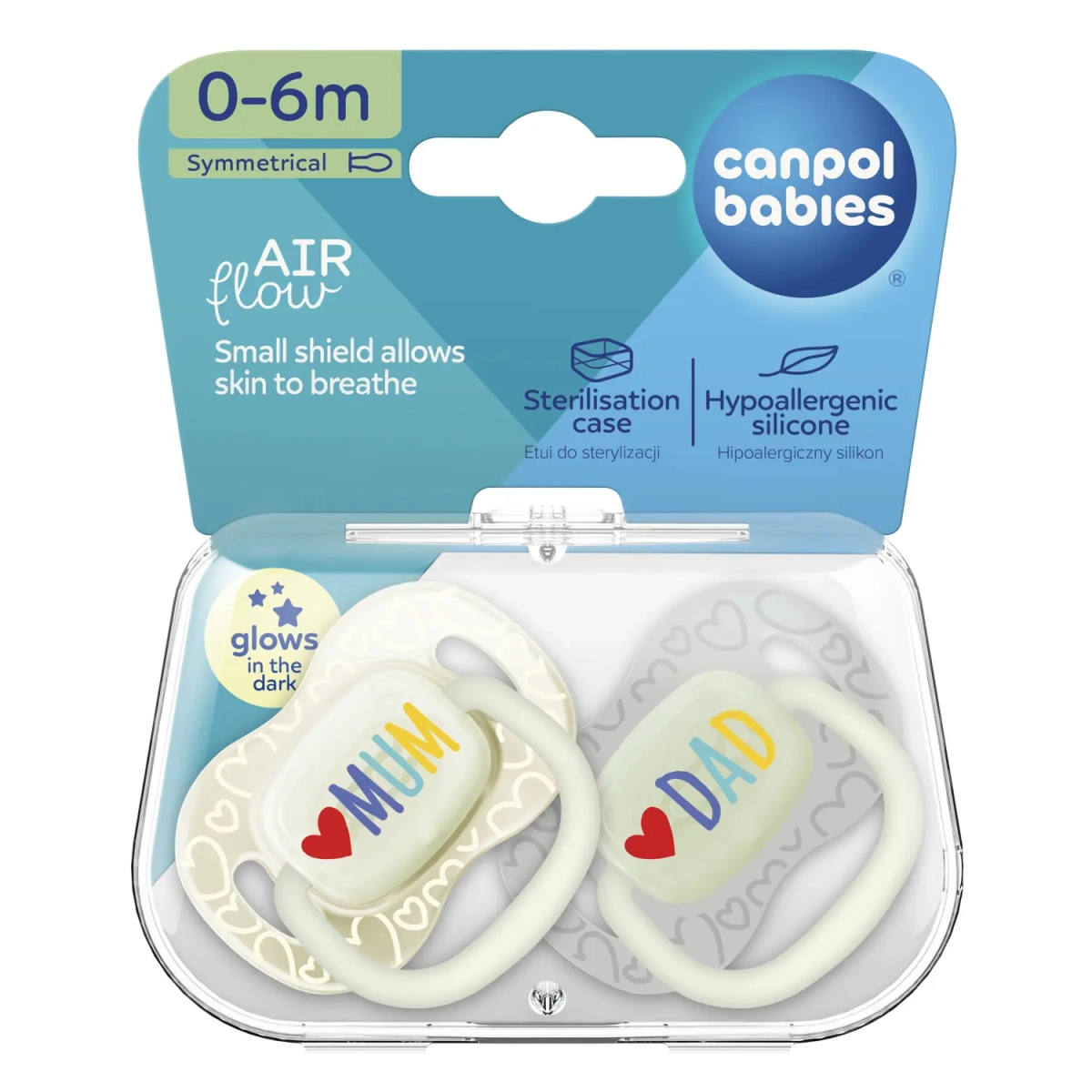 Opakowanie smoczków Canpol babies LoveMum&Dad 0–6m z etui do sterylizacji i silikonowymi smoczkami świecącymi w ciemności.