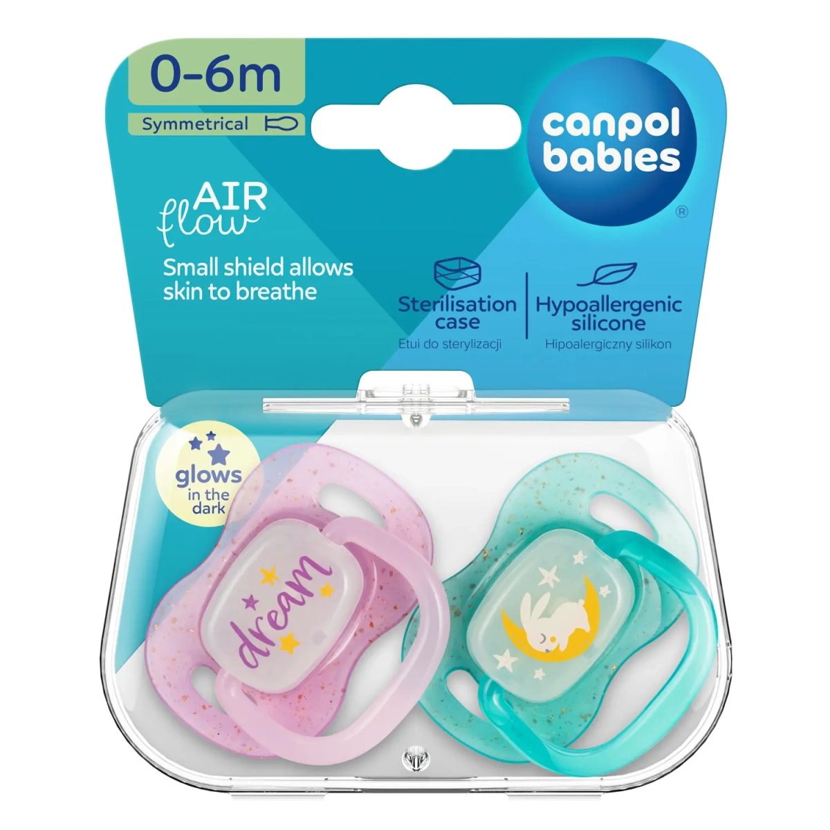 Opakowanie smoczków Canpol babies NightGlow 0–6m z etui do sterylizacji, zawierające dwa smoczki świecące w ciemności – różowy i miętowy.