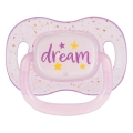 Różowy smoczek Canpol babies NightGlow 0–6m z napisem dream i gwiazdkami, zaprojektowany do świecenia w ciemności.