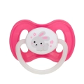 Różowy smoczek Canpol babies BUNNY&COMPANY z białą rączką i grafiką króliczka na tarczce, odpowiedni dla dzieci 6–18 miesięcy.