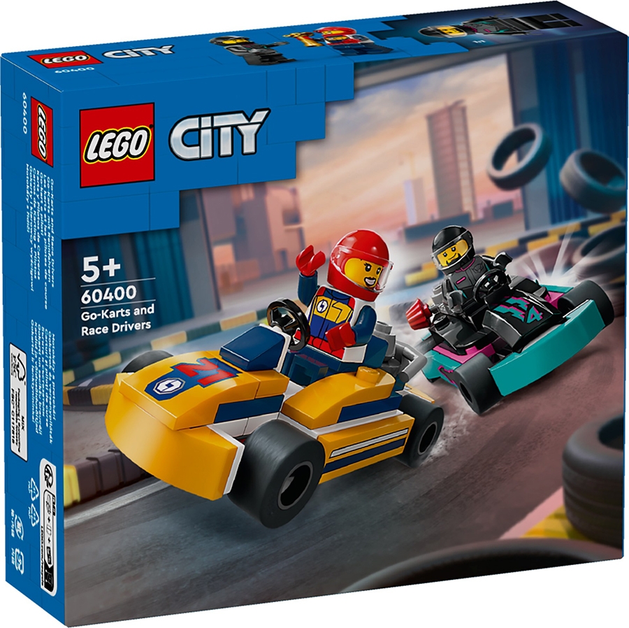 Zestaw LEGO City 60400 – dwa kolorowe gokarty LEGO i kierowcy na torze. Idealna zabawka dla dzieci lubiących wyścigi LEGO.