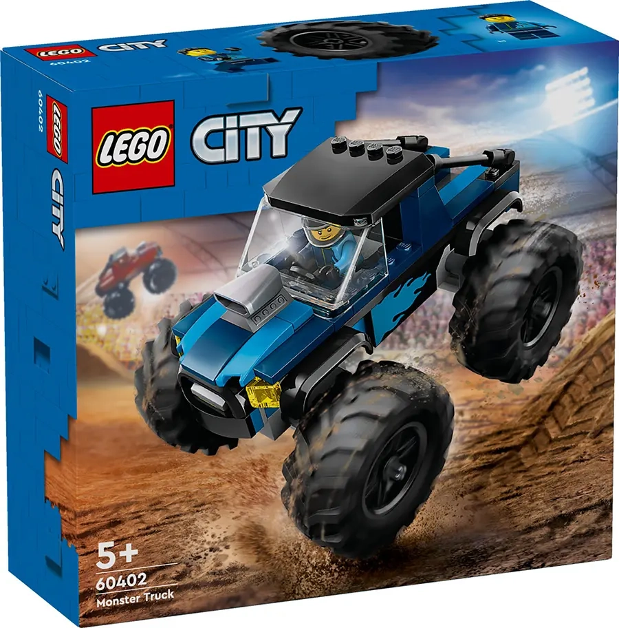 Zestaw LEGO City Niebieski Monster Truck 60402 z dużym niebieskim monster truckiem na tle areny wyścigowej.