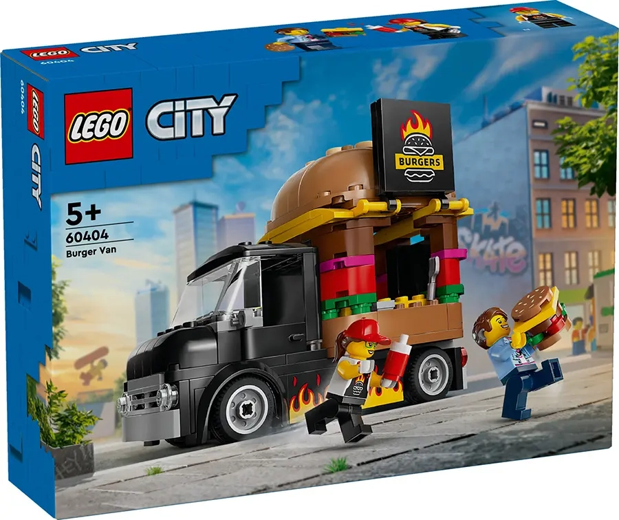 Zestaw LEGO City 60404 Ciężarówka z Burgerami — pudełko z ciężarówką, dużym burgerem na dachu i minifigurkami.