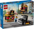 Tył pudełka LEGO City 60404 pokazujący funkcje ciężarówki z burgerami oraz minifigurki podczas zabawy.