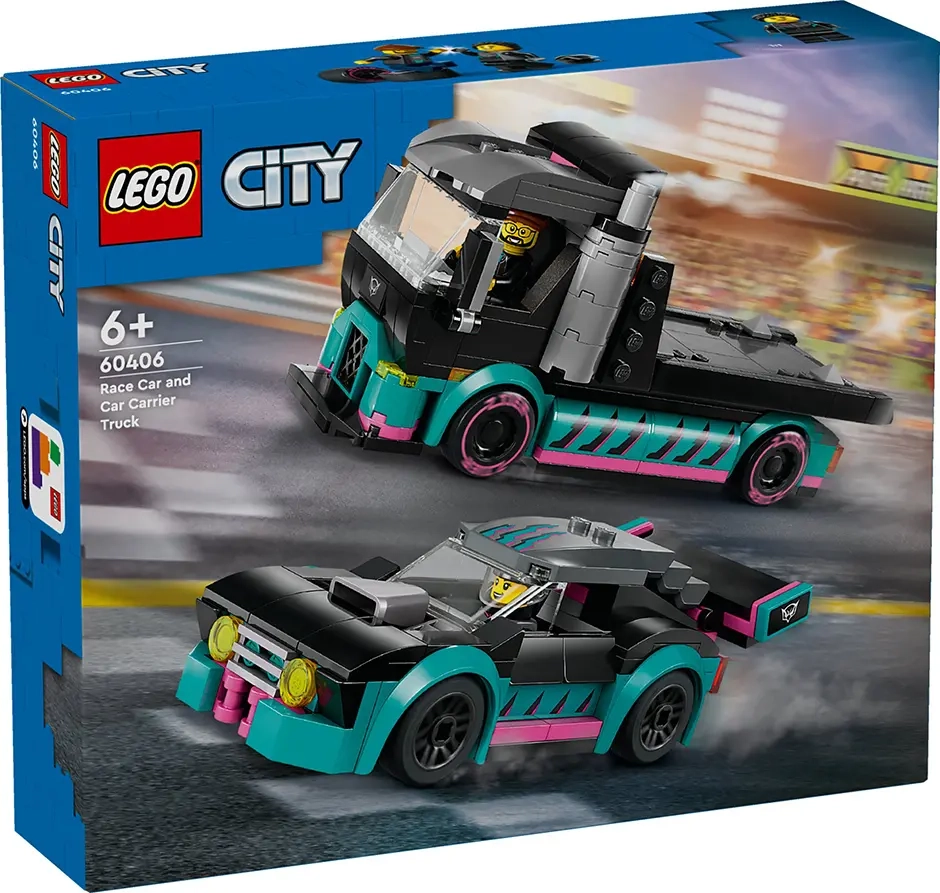 Opakowanie LEGO City 60406 z lawetą i samochodem wyścigowym w kolorach turkusowym, czarnym i różowym, przedstawionymi na tle toru wyścigowego.