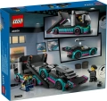 Tył pudełka LEGO City 60406 pokazujący funkcje zestawu: opuszczaną rampę lawety, zdejmowany dach wyścigówki i minifigurki kierowców.