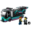 Zestaw LEGO City 60406 przedstawiający lawetę z załadowanym samochodem wyścigowym w kolorystyce turkusowo-różowej oraz dwie minifigurki kierowców.