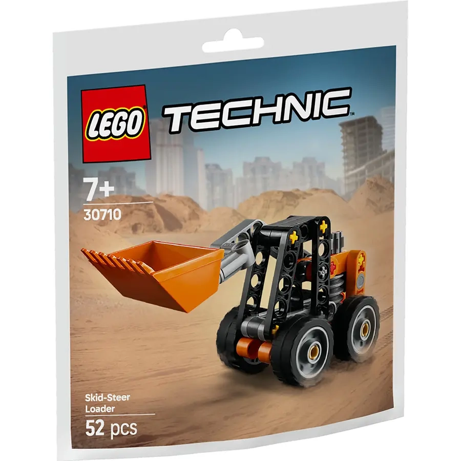 Opakowanie zestawu Lego Technic Miniładowarka 30710 przedstawiające model pojazdu z łyżką na tle placu budowy.