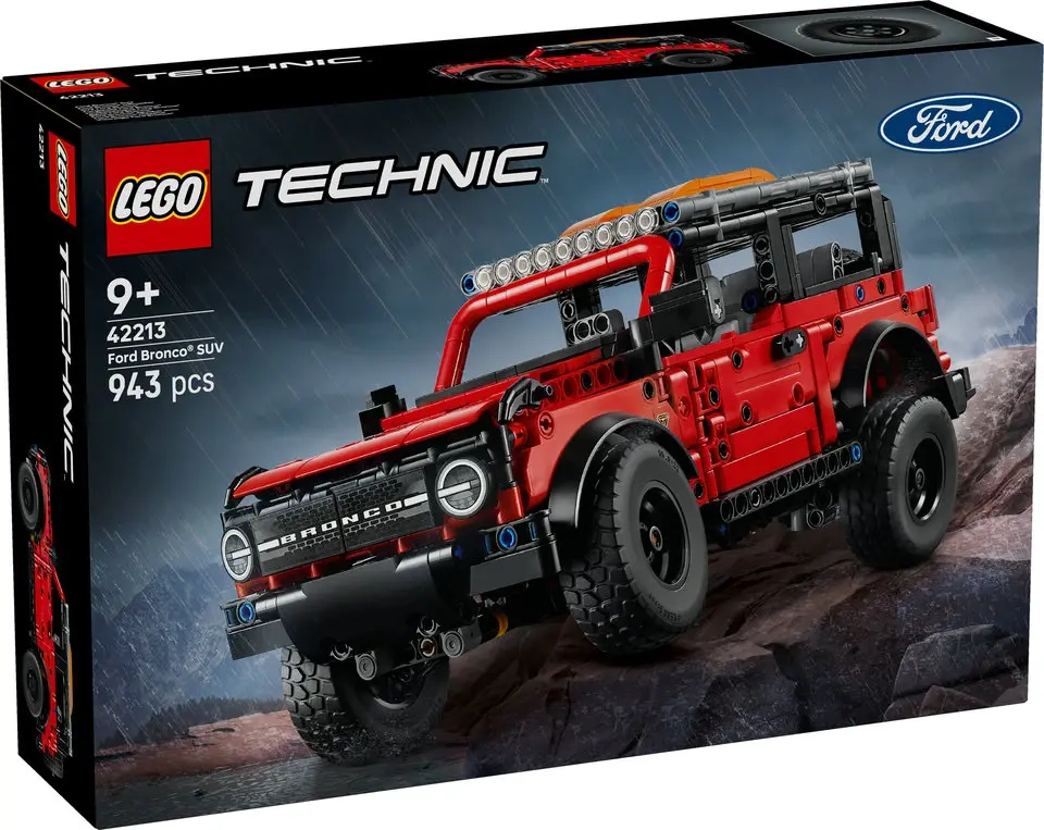 Zestaw LEGO Technic Ford Bronco 42213 na opakowaniu, czerwony terenowy SUV z 943 elementów.
