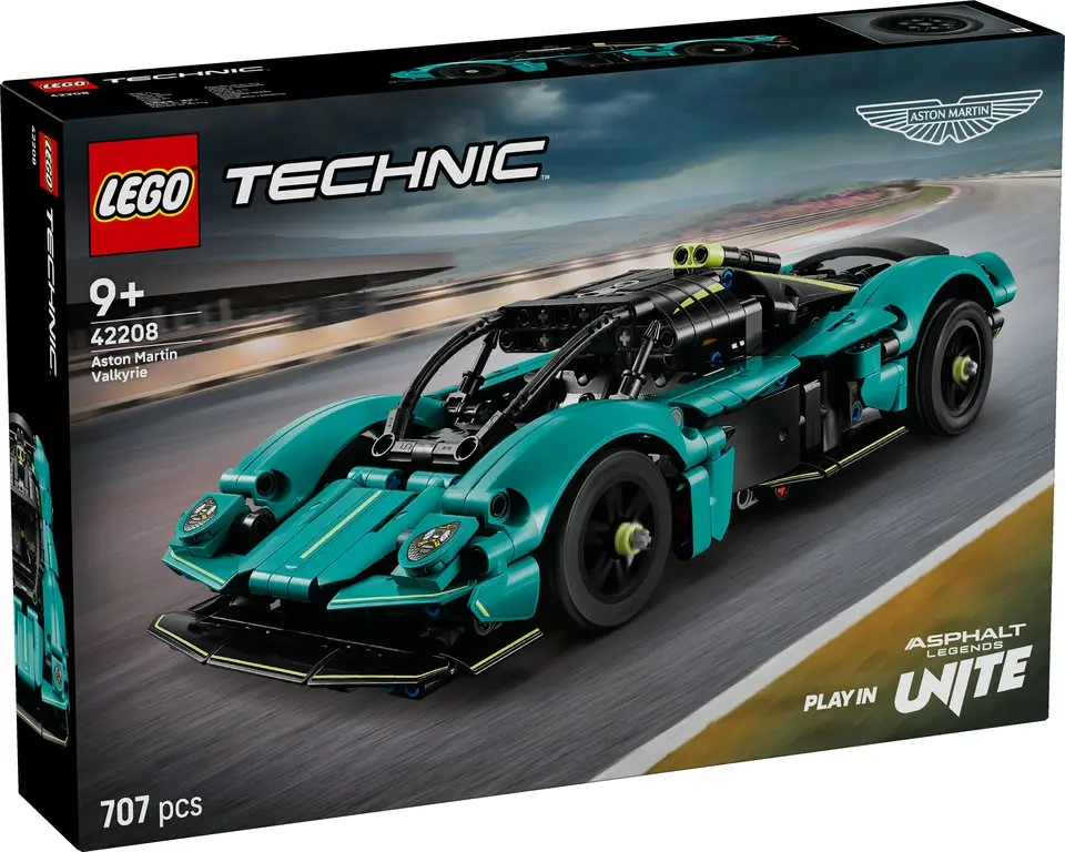 Przód opakowania LEGO Technic Aston Martin Valkyrie 42208 z widocznym modelem w turkusowym kolorze i informacją o 707 elementach.