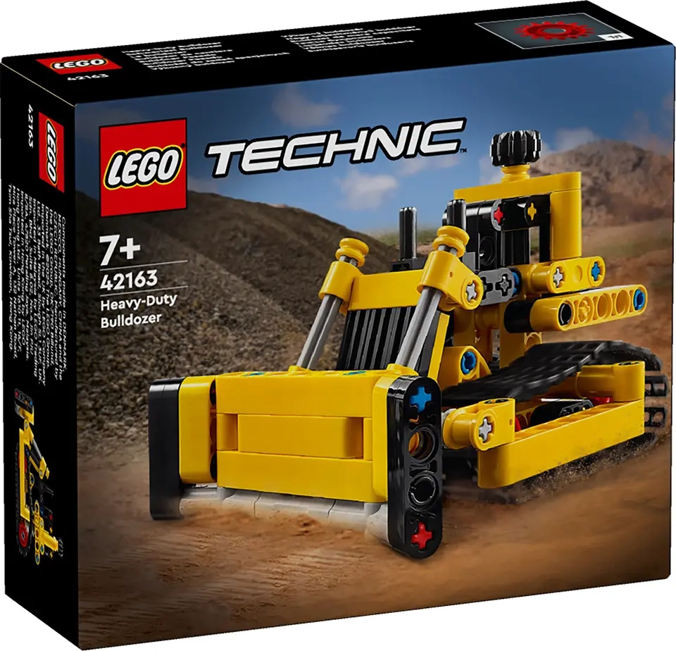 Pudełko zestawu LEGO Technic 42163 buldożer w żółtym kolorze, pokazujące model pojazdu na tle budowy.