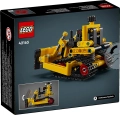 Tył pudełka LEGO Technic 42163, prezentujący funkcje buldożera z gąsienicami i ruchomym lemieszem.