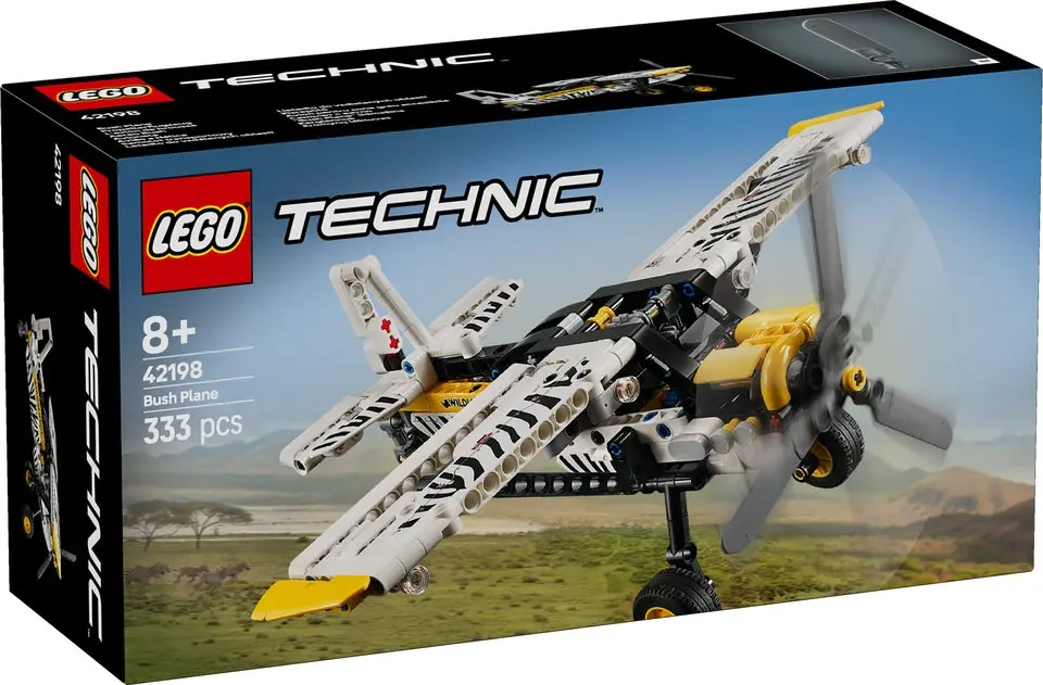Pudełko zestawu LEGO Technic Samolot Transportowy 42198 z widocznym modelem samolotu z paskami zebry i obrotowym śmigłem.