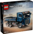 Pudełko zestawu LEGO Technic Wywrotka 42203 przedstawiające niebieską wywrotkę z przechylaną skrzynią na tle placu budowy.