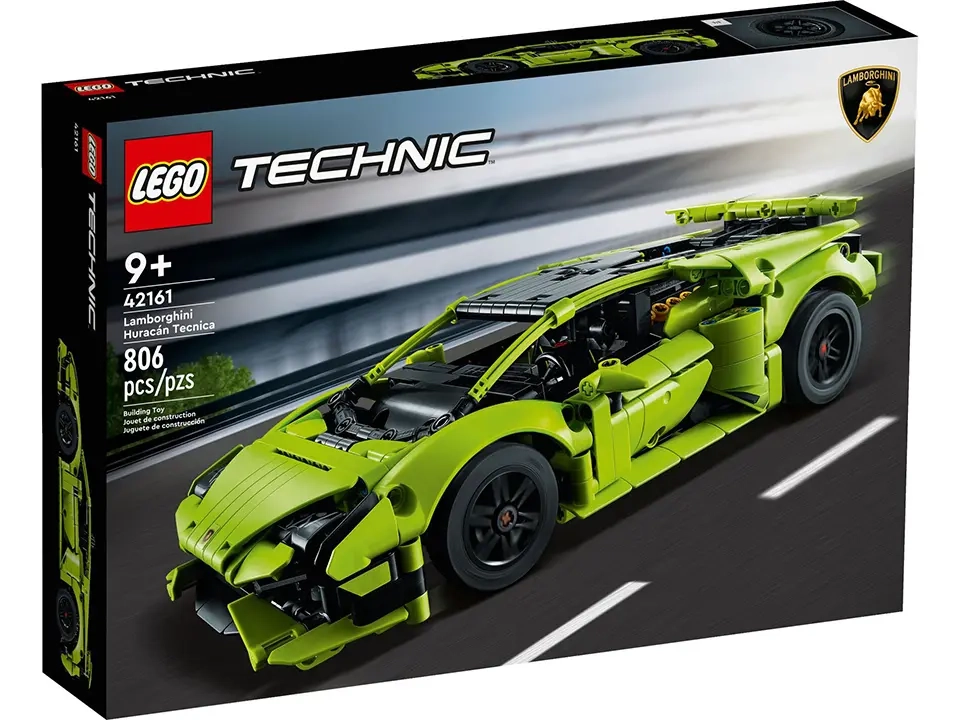 Zestaw LEGO Technic Lamborghini Huracán Tecnica 42161 na pudełku, prezentujący zielony model supersamochodu z 806 elementami.
