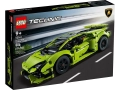 Zestaw LEGO Technic Lamborghini Huracán Tecnica 42161 na pudełku, prezentujący zielony model supersamochodu z 806 elementami.