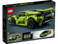 Tylna strona pudełka LEGO Technic 42161 Lamborghini Huracán Tecnica, pokazująca detale modelu, silnik V10 i funkcje konstrukcyjne.
