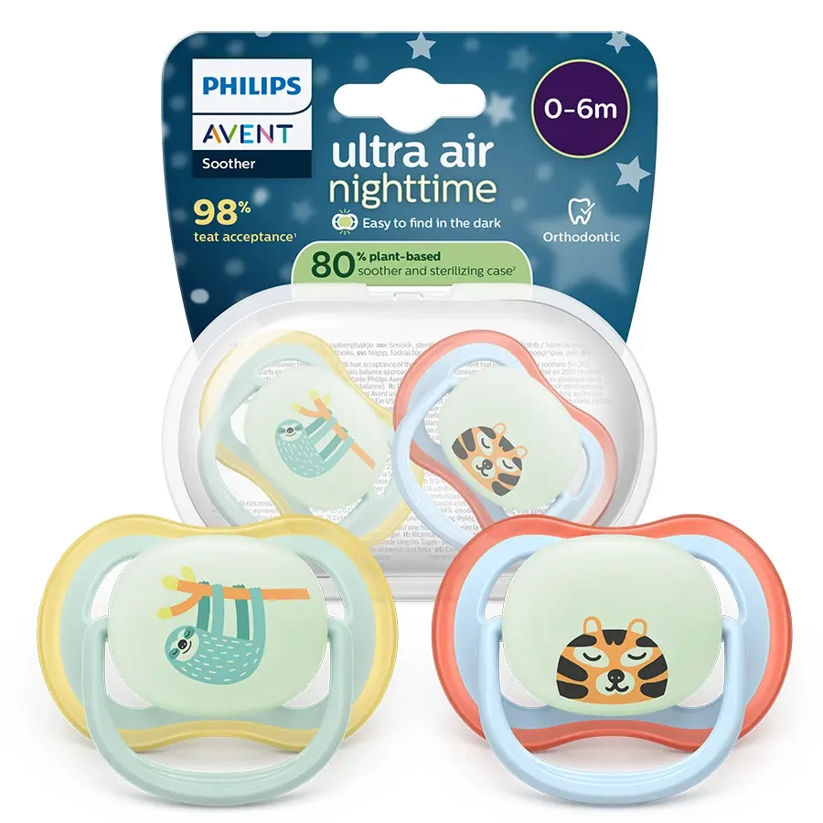 Philips Avent Air Night smoczki ortodontyczne 0–6 m w pastelowych kolorach z motywem leniwego leniwca i śpiącego tygryska, świecące w ciemności, wykonane w 80% z materiałów roślinnych, w opakowaniu z etui sterylizującym.