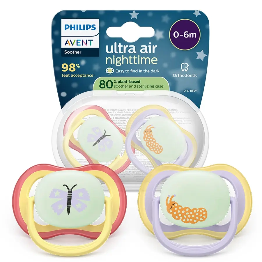 Philips Avent Air Night smoczki ortodontyczne 0–6 m w pastelowych kolorach z motywem motylka, gąsienicy i świetlika, świecące w ciemności, wykonane w 80% z materiałów roślinnych, w opakowaniu z etui sterylizującym.