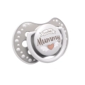 Smoczek uspokajający LOVI I Love Mummy 0–3 m w odcieniach szarości i bieli z rysunkiem serca, przeznaczony dla niemowląt.