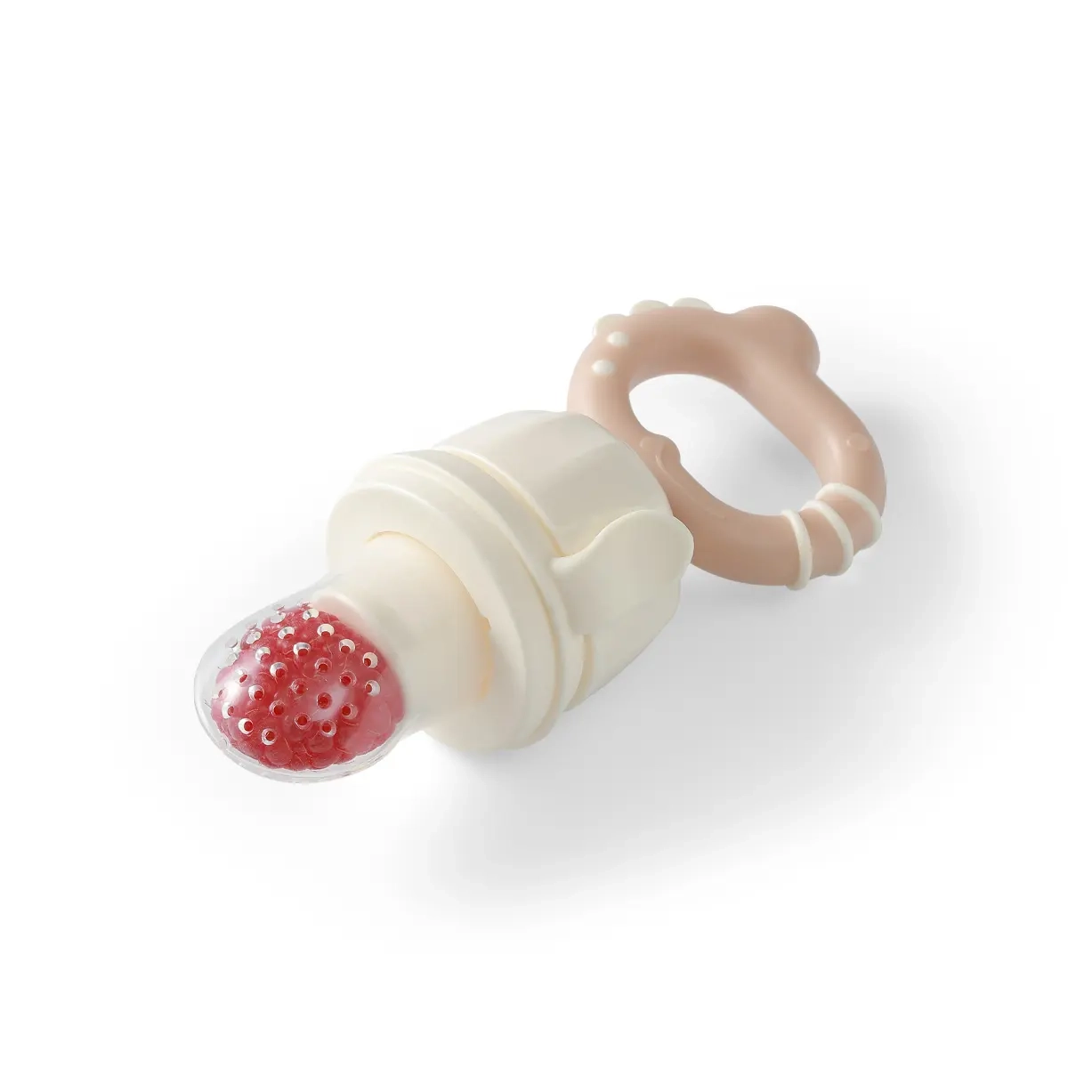 Gryzak do podawania pokarmów BabyOno DINO w kolorze kremowym z silikonową końcówką i ergonomicznym uchwytem, idealny do rozszerzania diety niemowląt.
