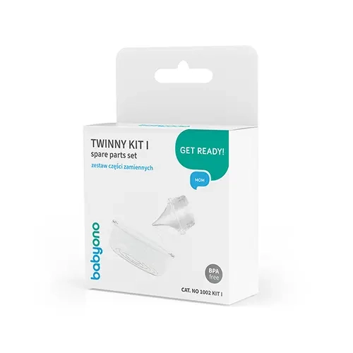 Opakowanie zestawu Babyono 1002 Twinny KIT I części zamiennych do laktatora, zawierające membranę i zaworek, bezpieczne BPA free.