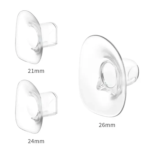 Zestaw silikonowych lejków do laktatora BabyOno 1001 MEGAN w trzech rozmiarach 21 mm, 24 mm i 26 mm, przeznaczonych do dopasowania lejka do brodawki.