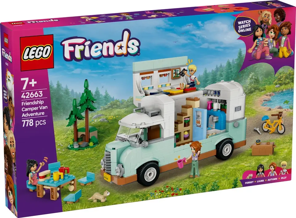 Opakowanie zestawu LEGO Friends Przygoda w kamperze przyjaciół 42663 z kamperem, minilaleczkami i akcesoriami kempingowymi.