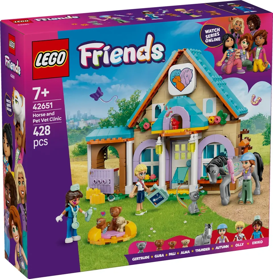 Opakowanie zestawu LEGO Friends 42651 Koń i lecznica dla zwierząt, przedstawiające budynek kliniki, minilaleczki oraz konia i małe zwierzęta.