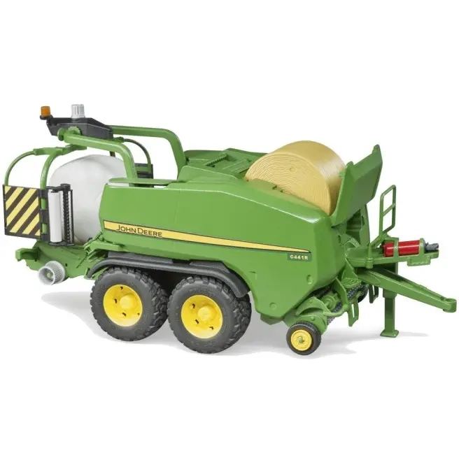 Model Bruder John Deere C441R – realistyczna prasa rolująca z belą słomy, idealna do zabawy w gospodarstwo.