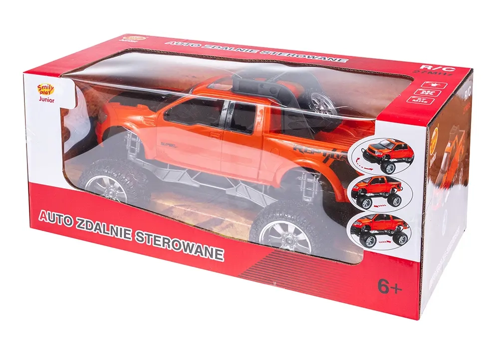 Pomarańczowe auto zdalnie sterowane RC Junior 27MHz w pudełku – widok opakowania zabawki dla dzieci 6+.