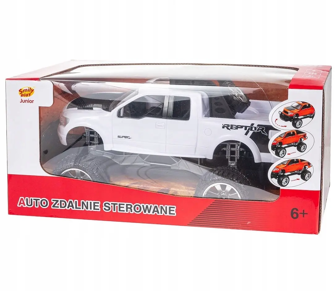 Białe auto zdalnie sterowane RC Junior 27MHz w pudełku – widok opakowania zabawki dla dzieci 6+.