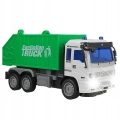 Zdalnie sterowana śmieciarka Sanitation Truck z efektami świetlnymi i zielonym kontenerem.
