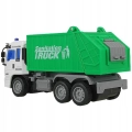 Zabawka śmieciarka Sanitation Truck z zielonym, zamkniętym kontenerem – widok z tyłu.