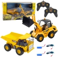 Kompletny zestaw RC 2w1: ładowarka, wywrotka, dwa piloty, akumulatory i ładowarki USB – idealna zabawka budowlana.