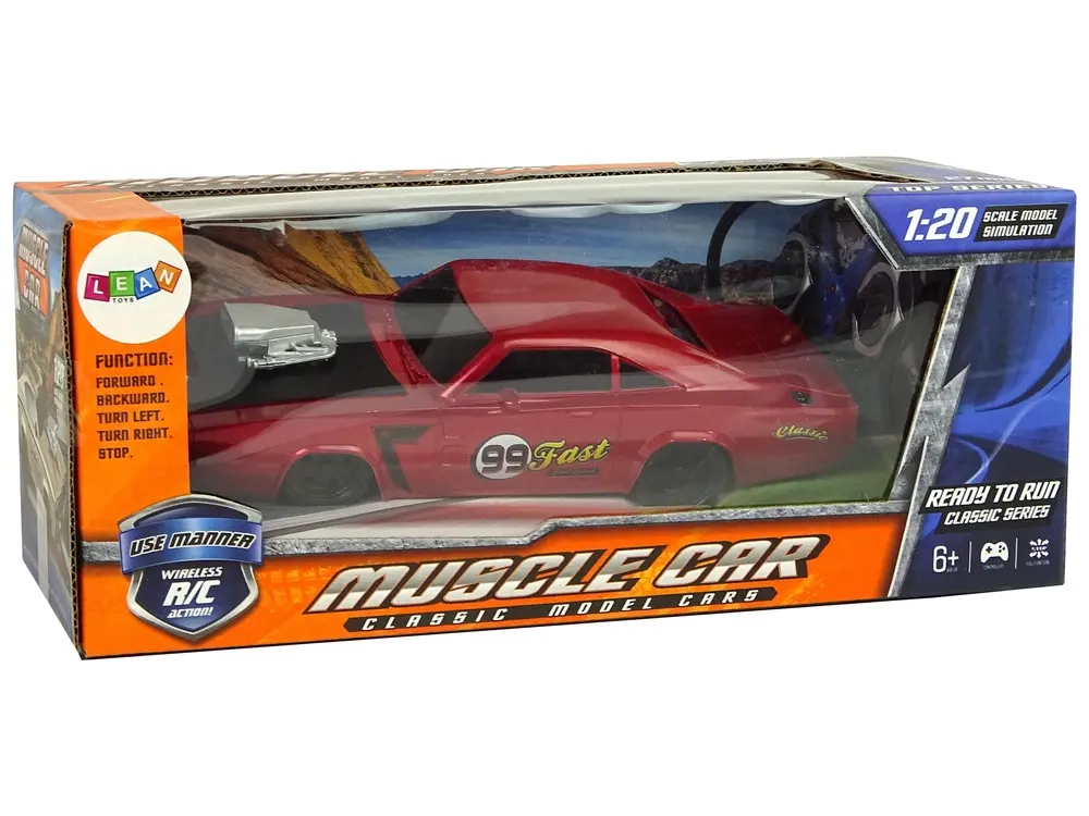 Czerwone sportowe auto zdalnie sterowane 1:20 w opakowaniu, model Muscle Car numer 99.