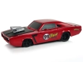 Czerwone auto RC Muscle Car 1:20, model numer 99 z czarną maską i chromowaną sprężarką.
