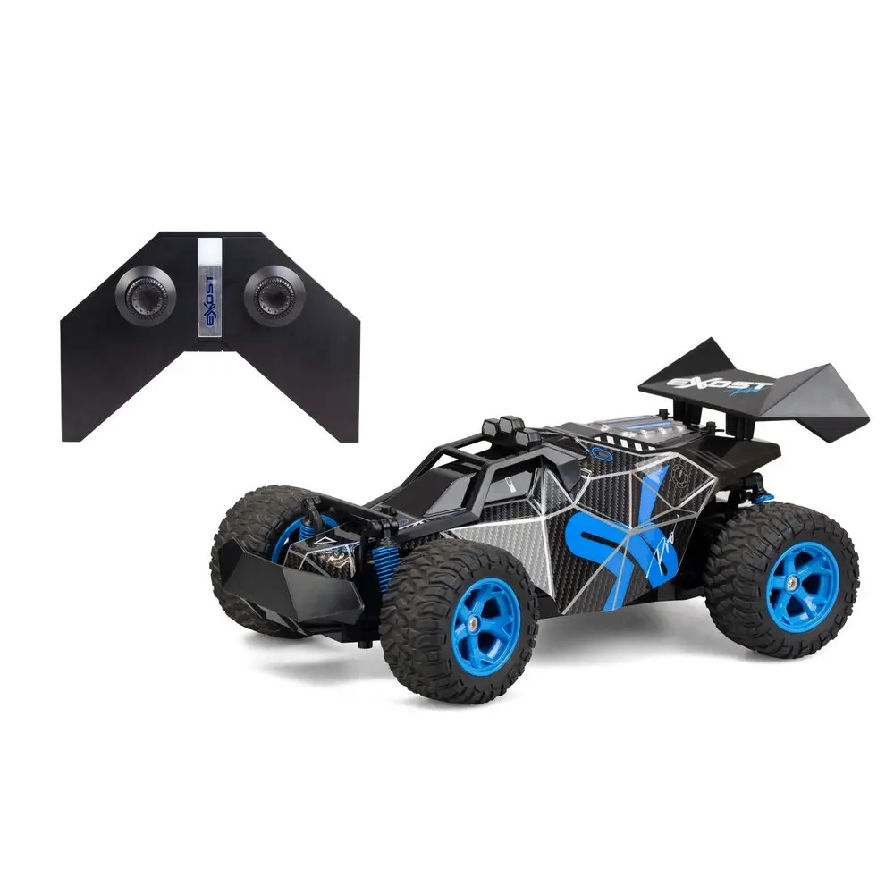 Samochód RC Exost PRO Rocket One z pilotem, czarno-niebieski model terenowy z dużymi kołami.